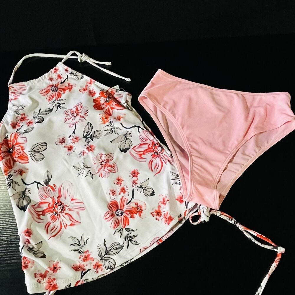 Floral Tankini Swimsuit Womens Small Pink High Waisted Halter Two Piece Set